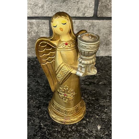 Vintage Schmid Bros Resin Angel Candlestick Taper Candleholder Gold & Silver - Picture 2 of 8